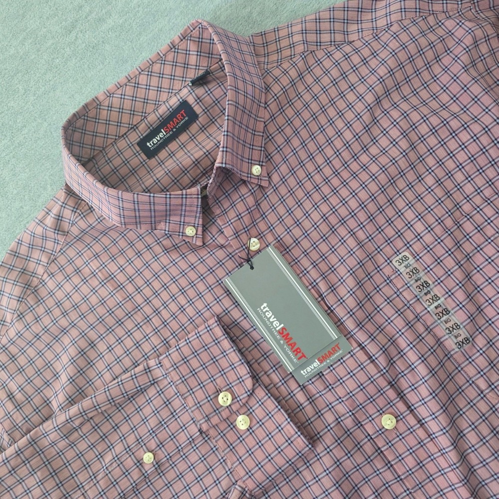 Roundtree & Yorke TravelSmart Men 3XB Pink Purple Plaid Long Sleeve Button Shirt